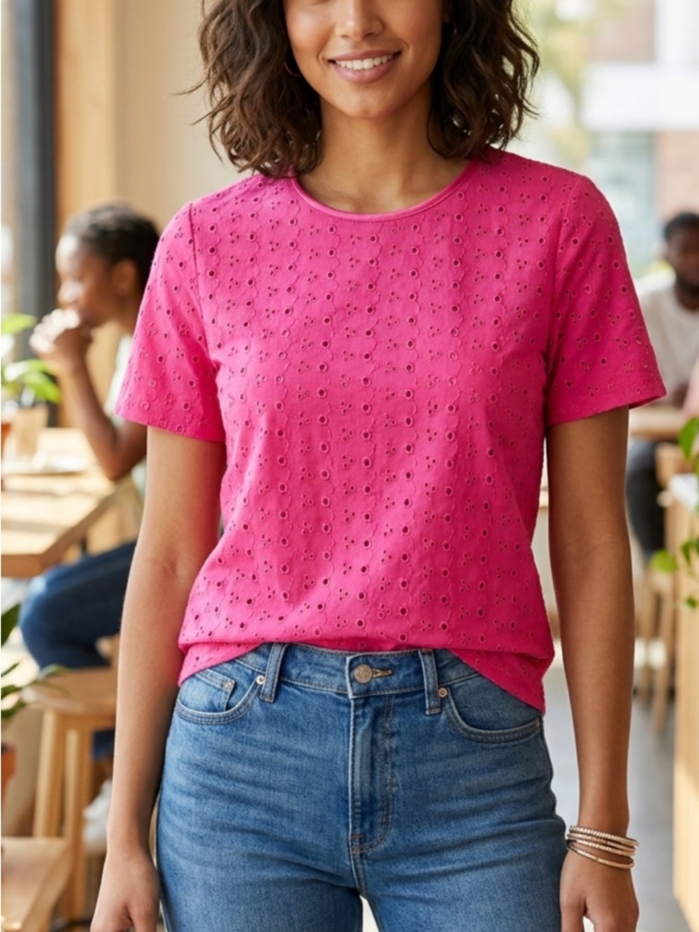 Women’s Pink Eyelet Short-Sleeve Top